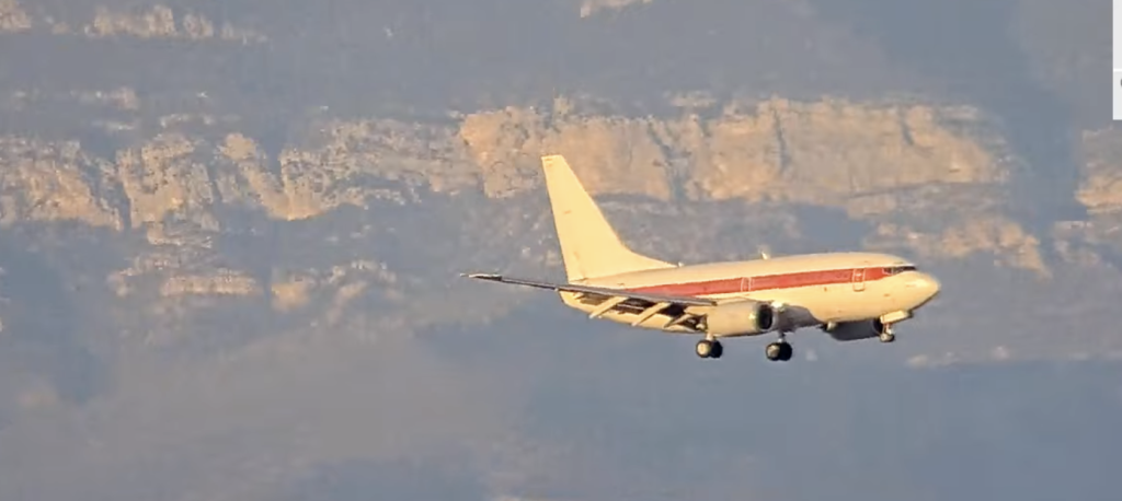 An airplane landing captured by the las vegas airport live cam