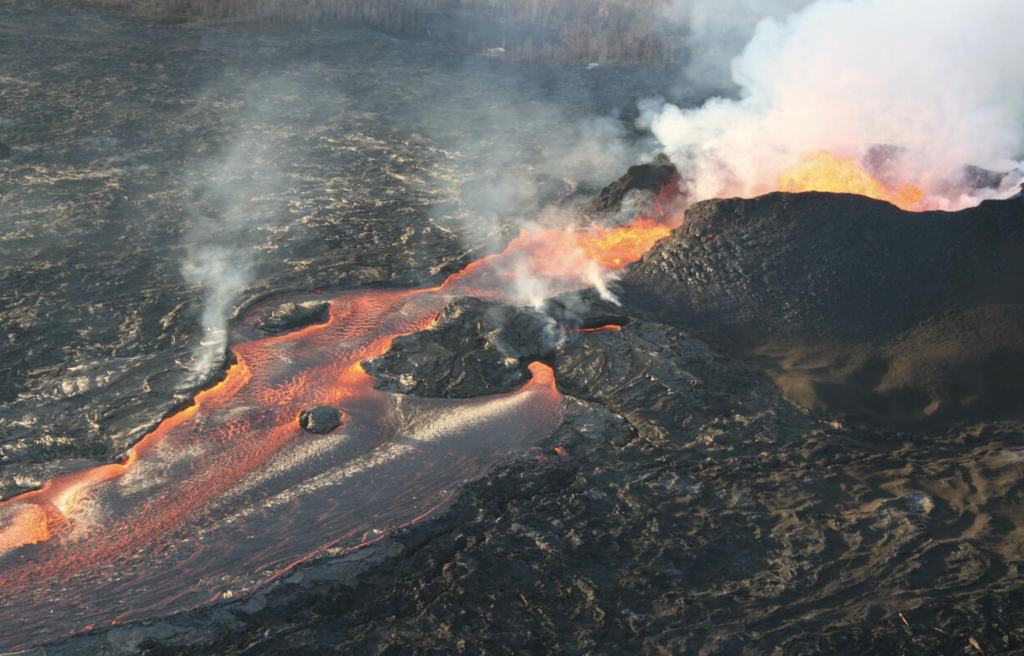Lava and steam come out of a volcano