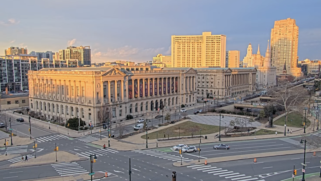 Sun sets on the Franklin Institute building in Philadelphia